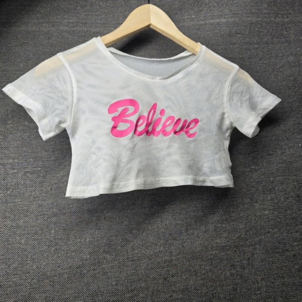 SHEIN Girls White Mesh Believe Graphic Crop Top Size 7Y SKC sk2311065700020
